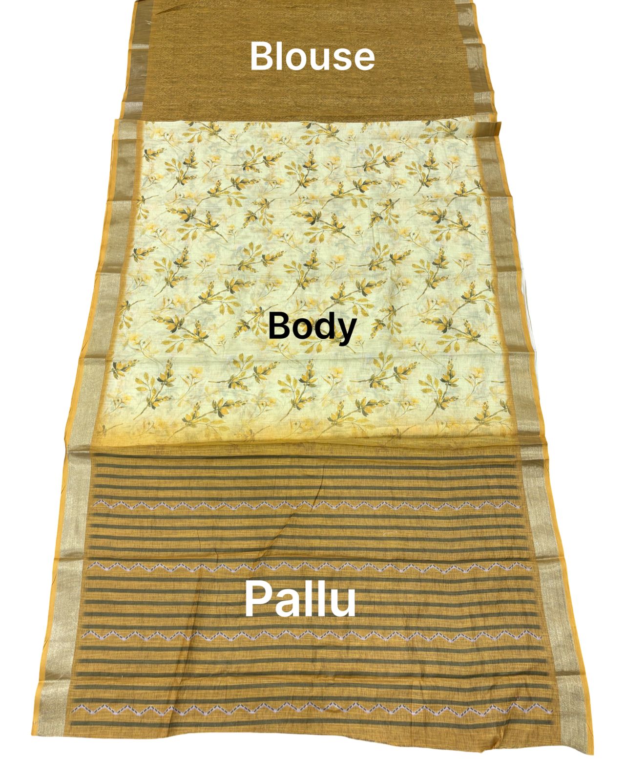 Elegant Cream Beige Floral Printed Linen Blend Saree with Woven Border