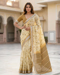 Elegant Cream Beige Floral Printed Linen Blend Saree with Woven Border