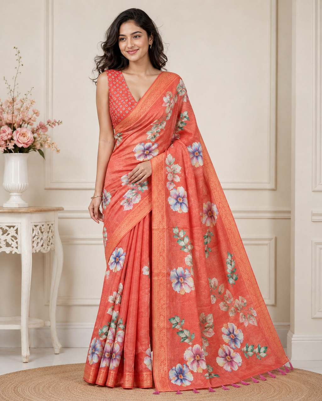 Orange Floral Printed Kanjivaram Silk Saree for Women | Elegant Festive Saree