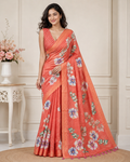 Orange Floral Printed Kanjivaram Silk Saree for Women | Elegant Festive Saree