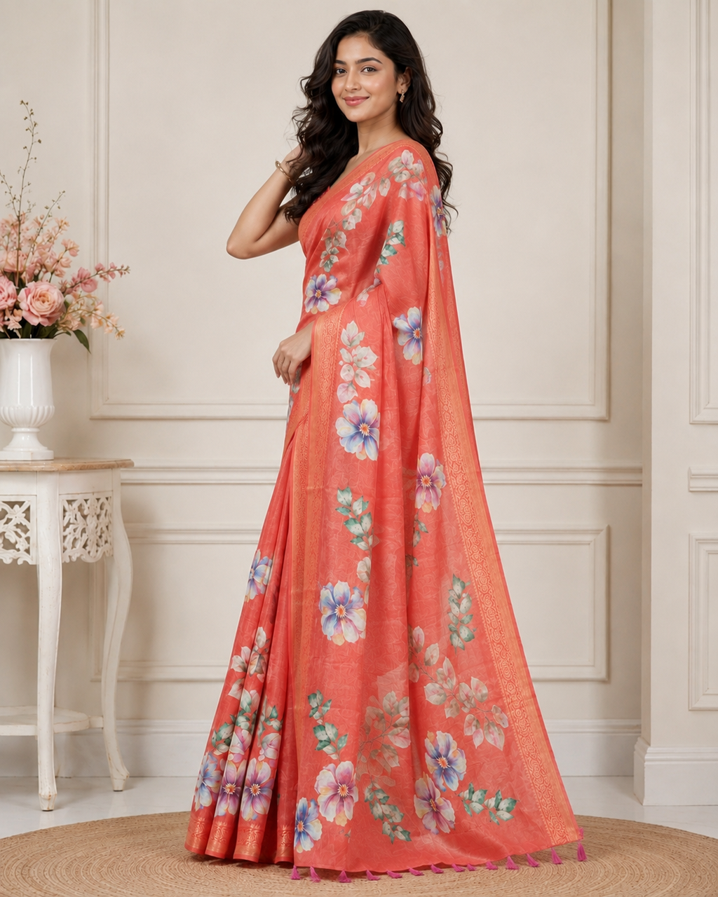 Orange Floral Printed Kanjivaram Silk Saree for Women | Elegant Festive Saree