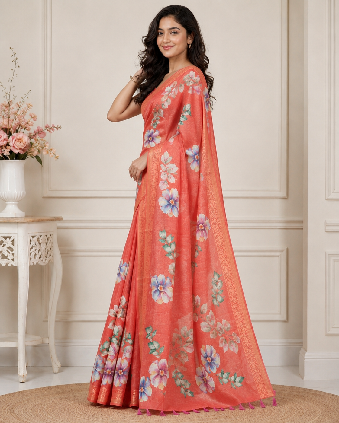 Orange Floral Printed Kanjivaram Silk Saree for Women | Elegant Festive Saree