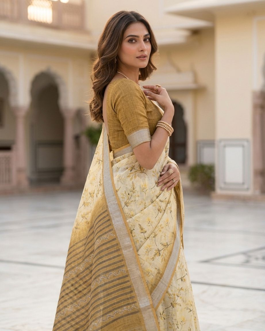 Elegant Cream Beige Floral Printed Linen Blend Saree with Woven Border