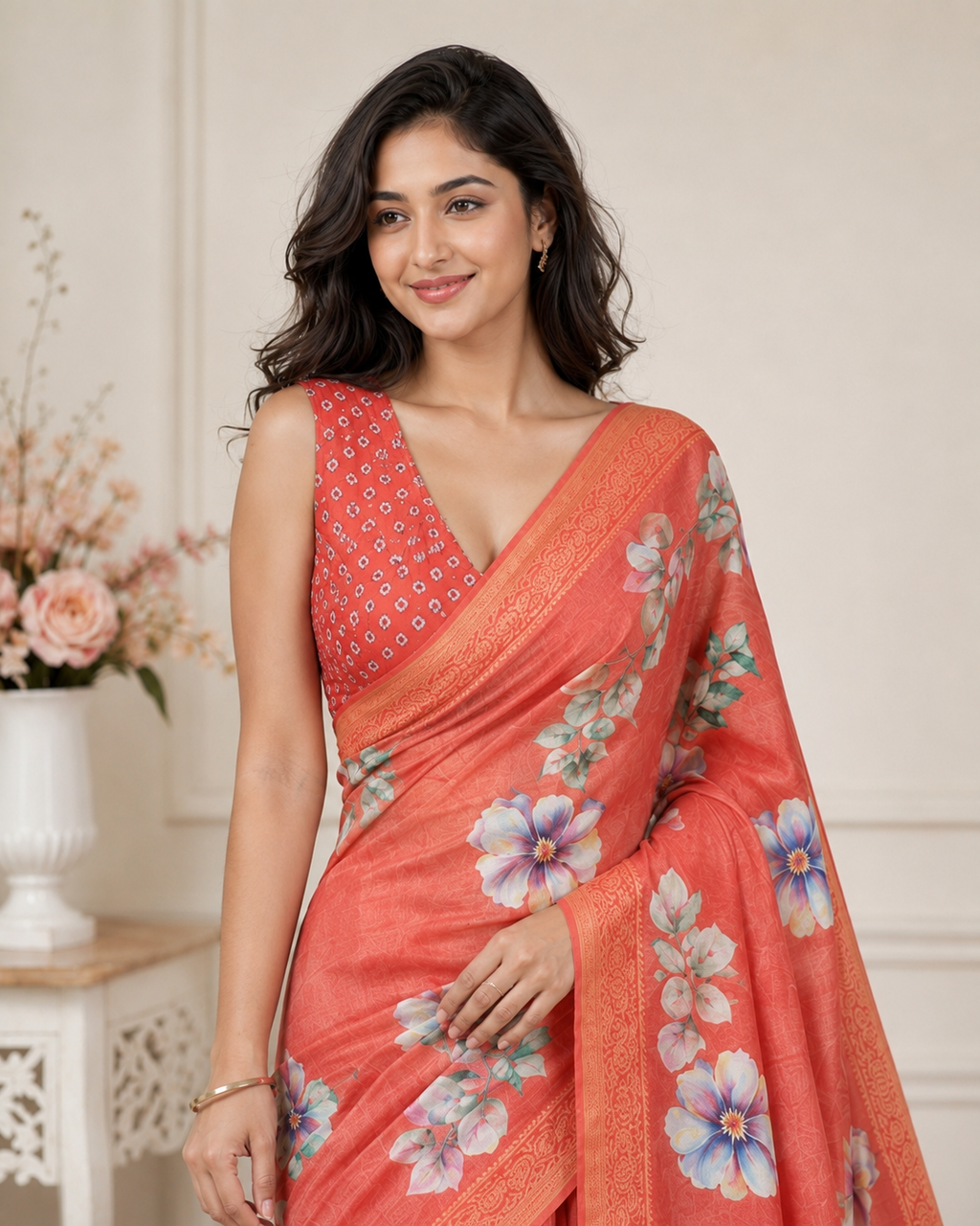 Orange Floral Printed Kanjivaram Silk Saree for Women | Elegant Festive Saree