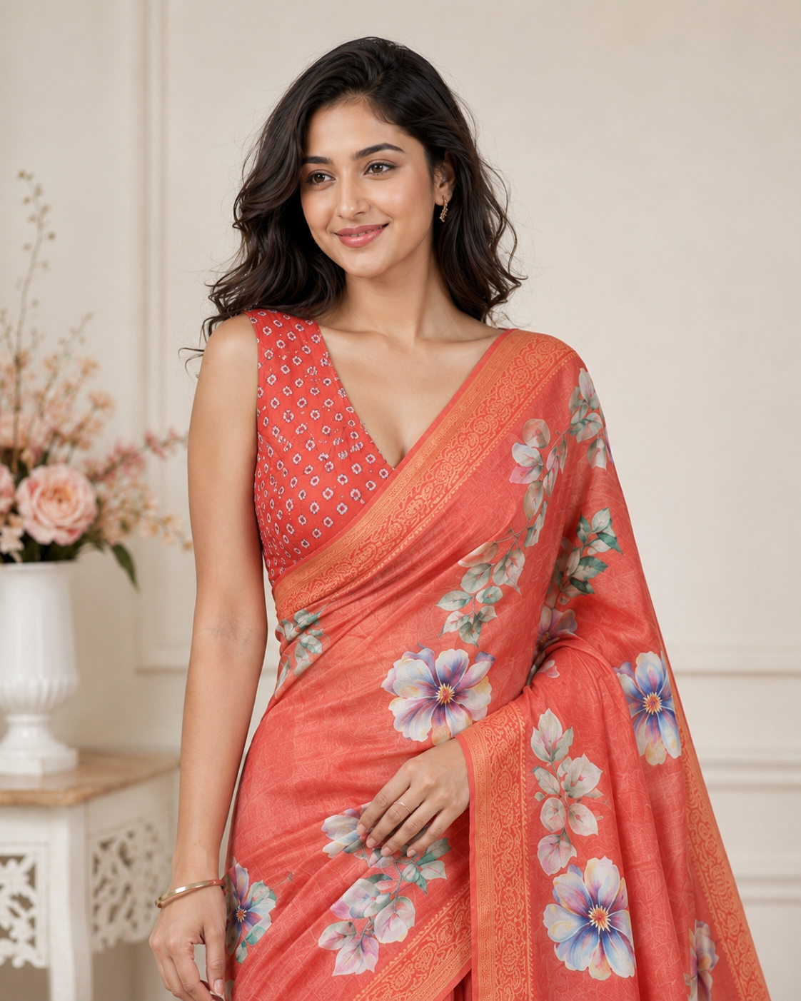 Orange Floral Printed Kanjivaram Silk Saree for Women | Elegant Festive Saree