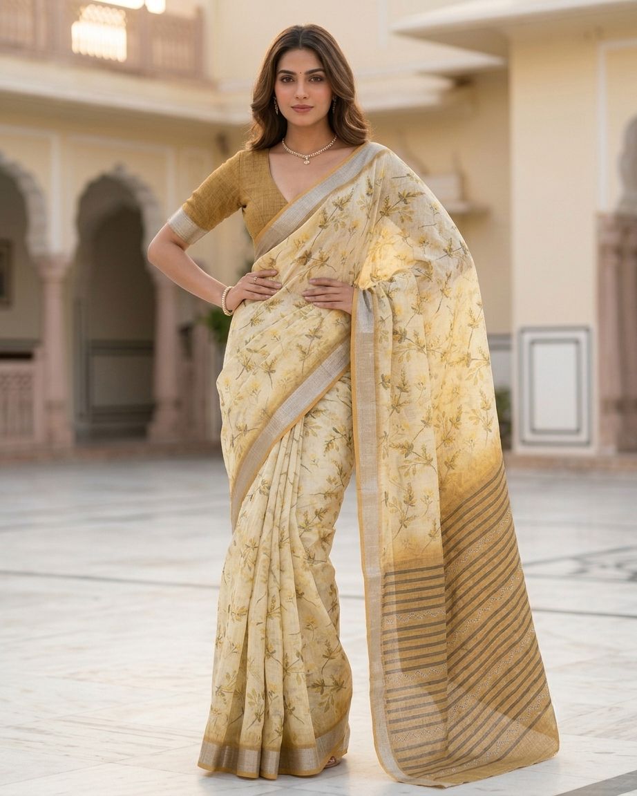 Elegant Cream Beige Floral Printed Linen Blend Saree with Woven Border