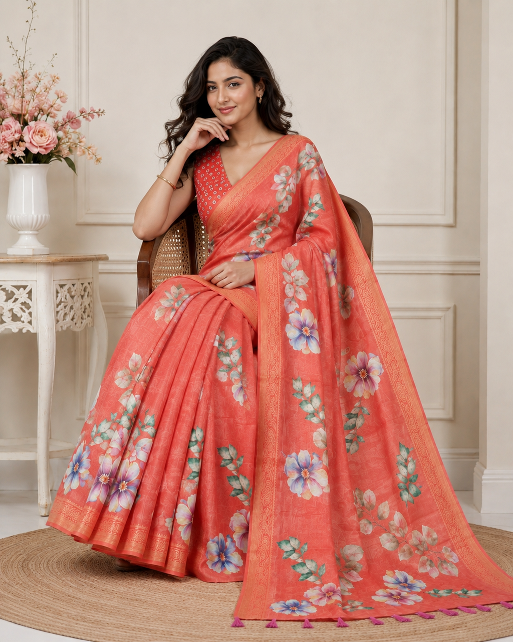 Orange Floral Printed Kanjivaram Silk Saree for Women | Elegant Festive Saree