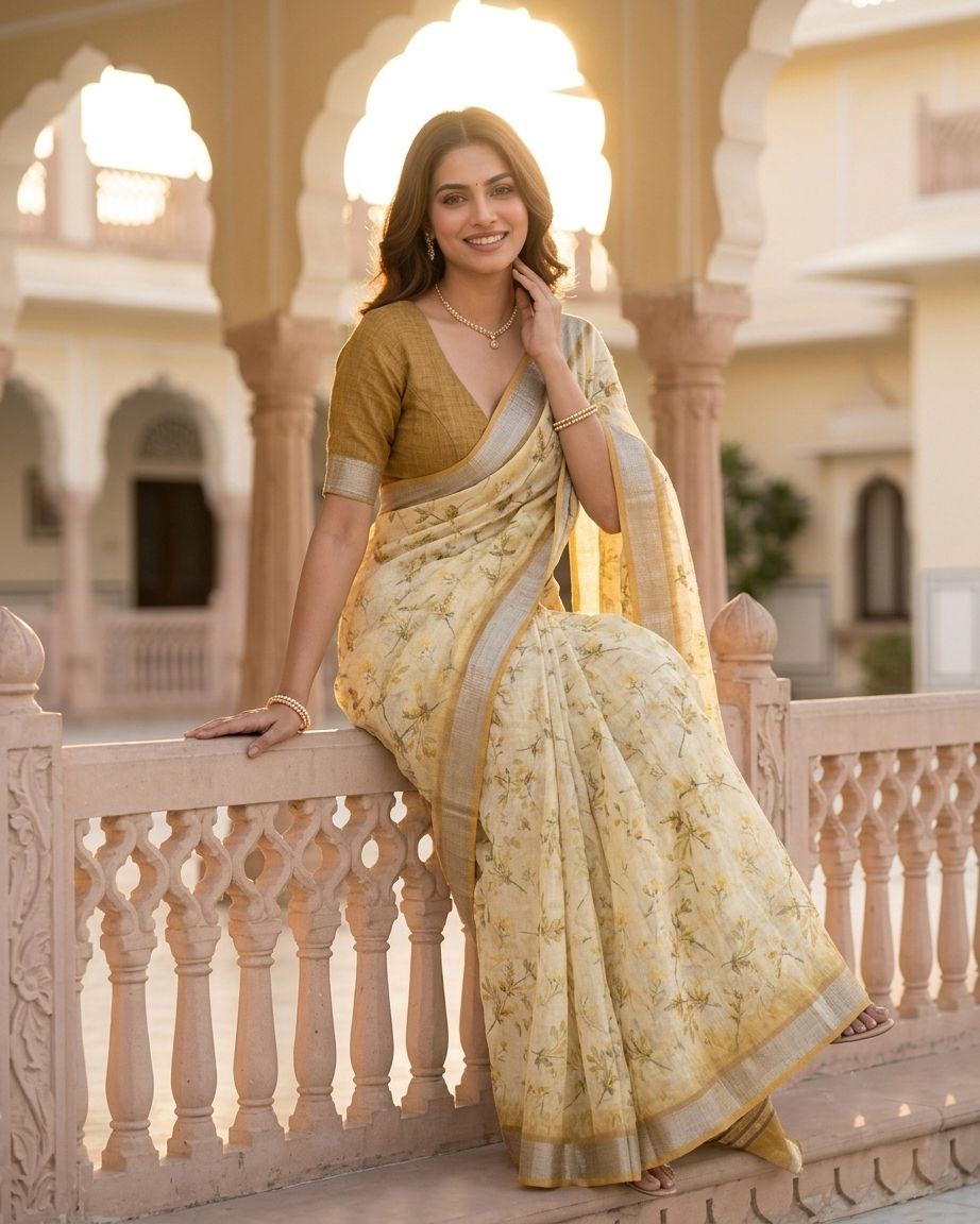 Elegant Cream Beige Floral Printed Linen Blend Saree with Woven Border