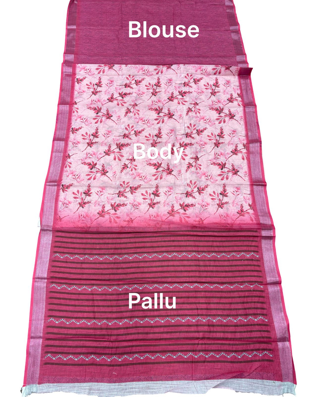 Pink Floral Printed Saree with Contrast Border & Blouse