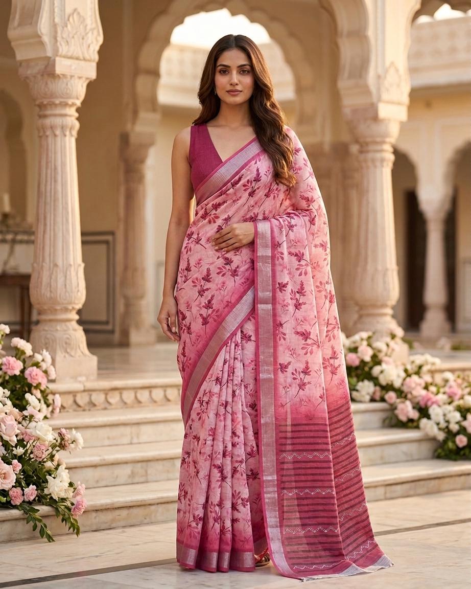 Pink Floral Printed Saree with Contrast Border & Blouse