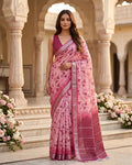 Pink Floral Printed Saree with Contrast Border & Blouse