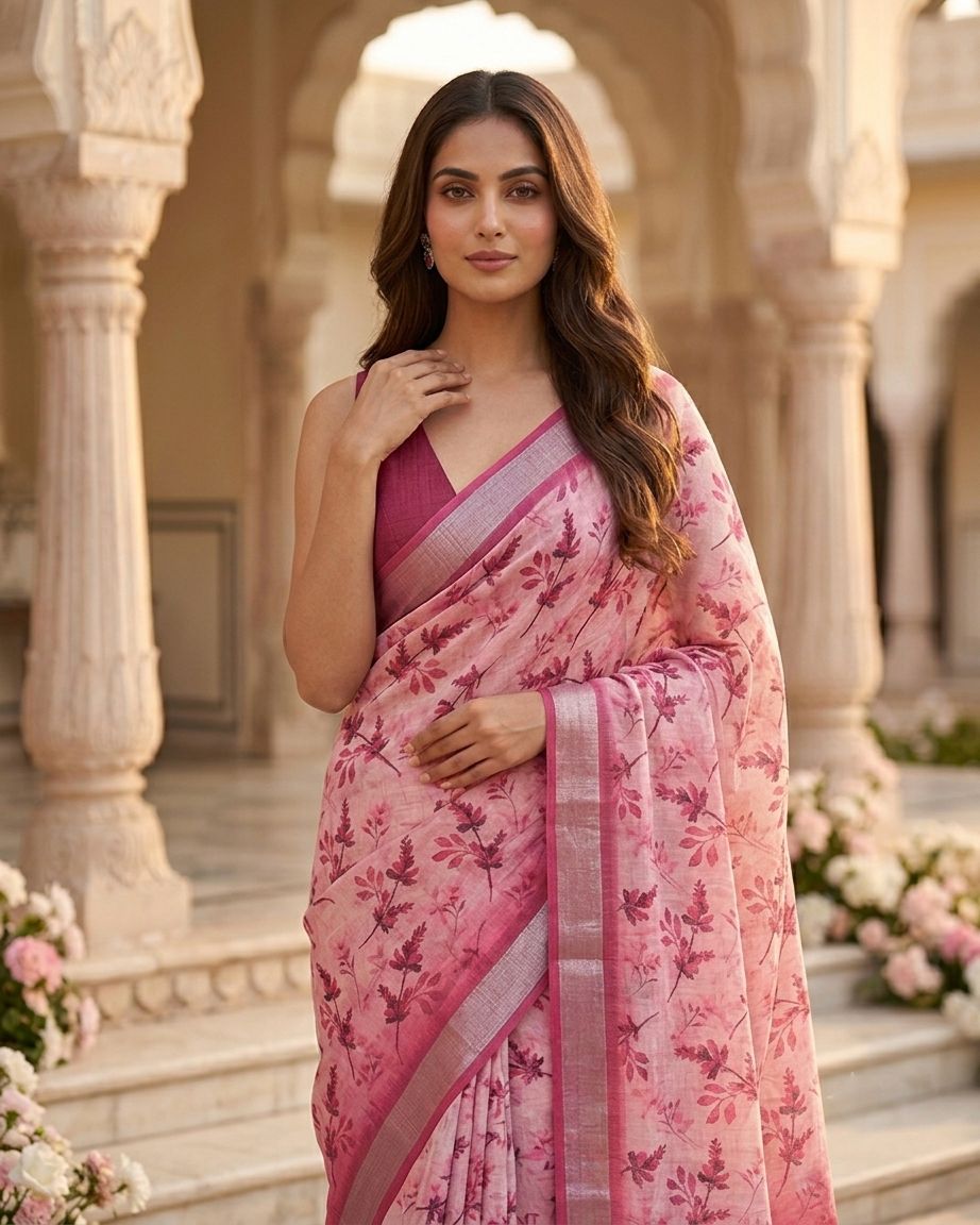 Pink Floral Printed Saree with Contrast Border & Blouse