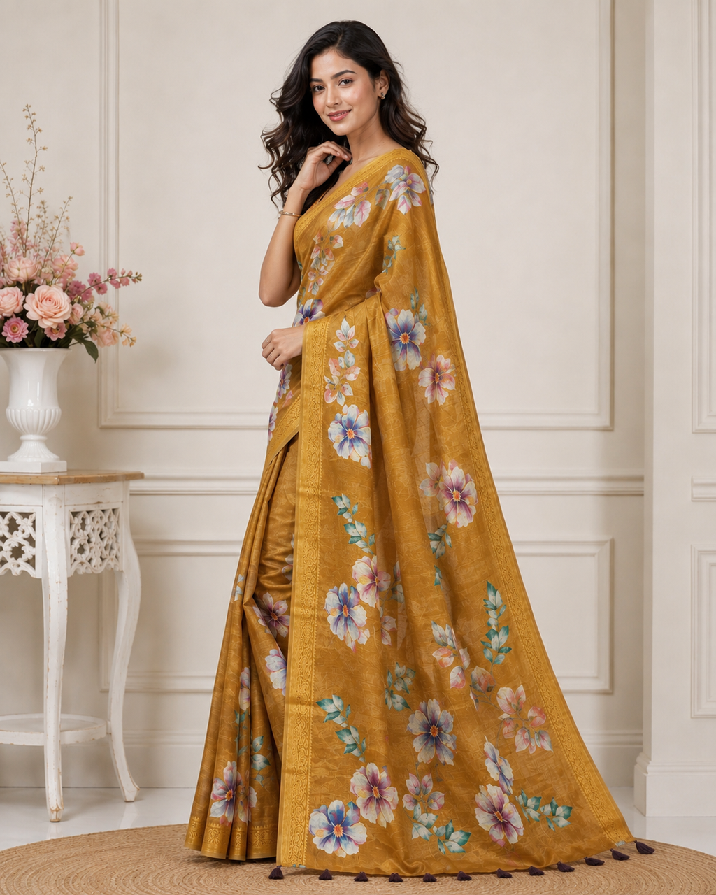 Yellow Floral Printed Kanjivaram Silk Saree for Women | Elegant Festive Saree