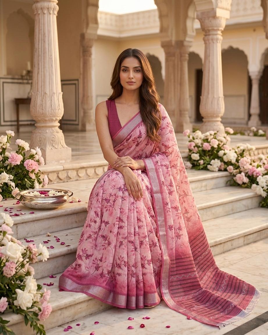 Pink Floral Printed Saree with Contrast Border & Blouse