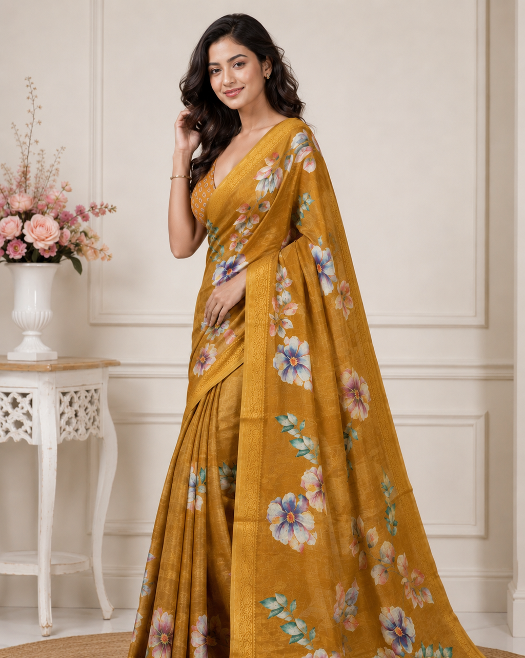 Yellow Floral Printed Kanjivaram Silk Saree for Women | Elegant Festive Saree