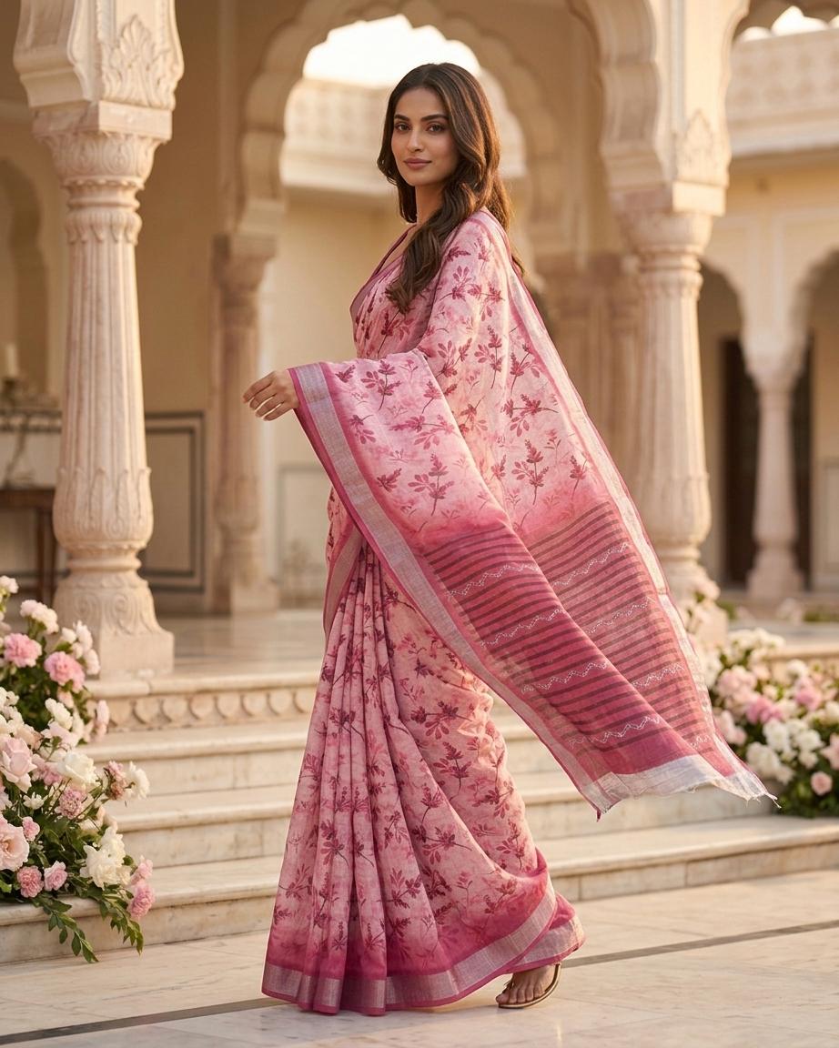 Pink Floral Printed Saree with Contrast Border & Blouse