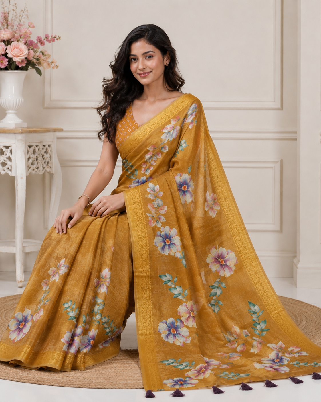 Yellow Floral Printed Kanjivaram Silk Saree for Women | Elegant Festive Saree