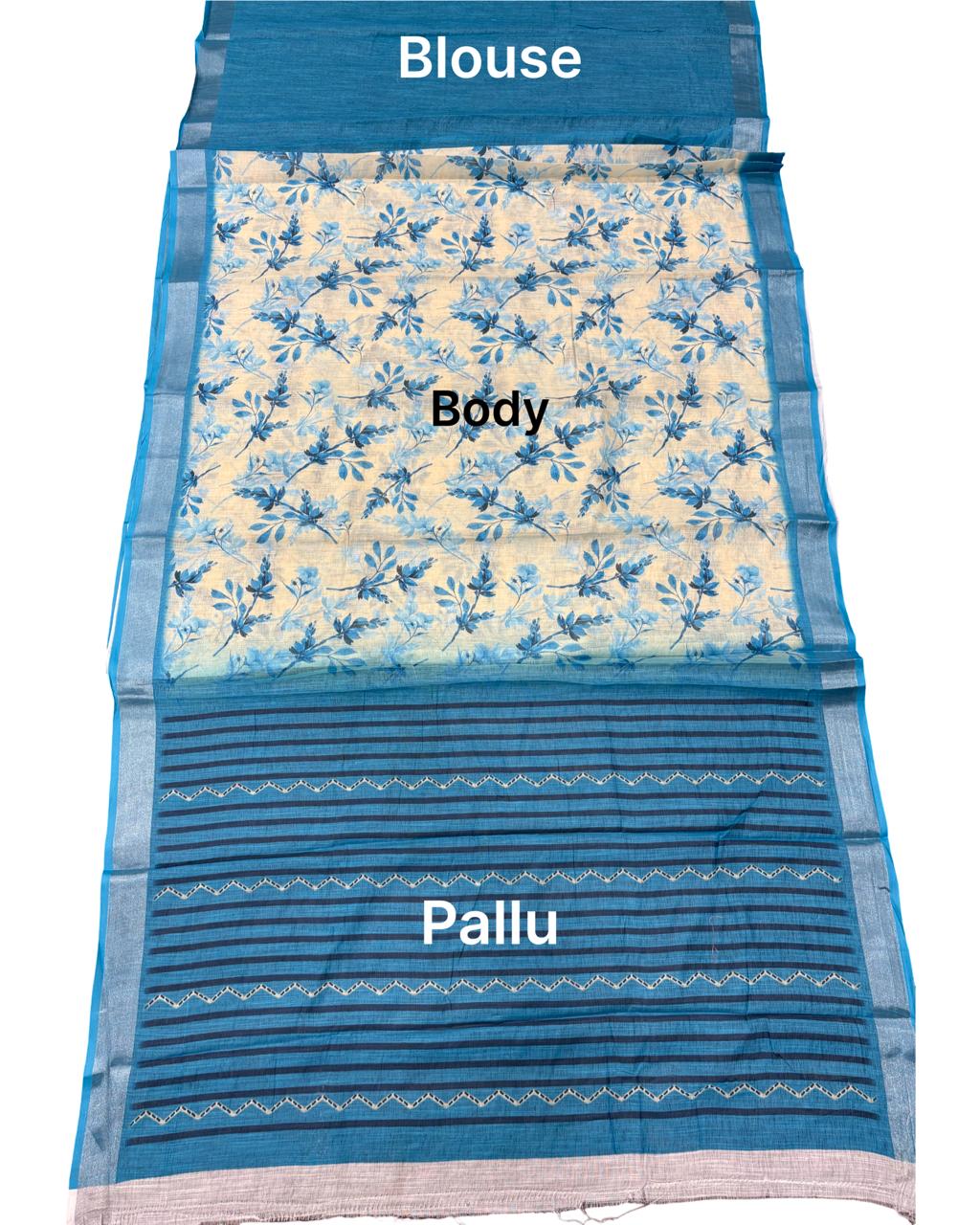 Blue Floral Printed Linen Saree with Striped Pallu & Matching Blouse