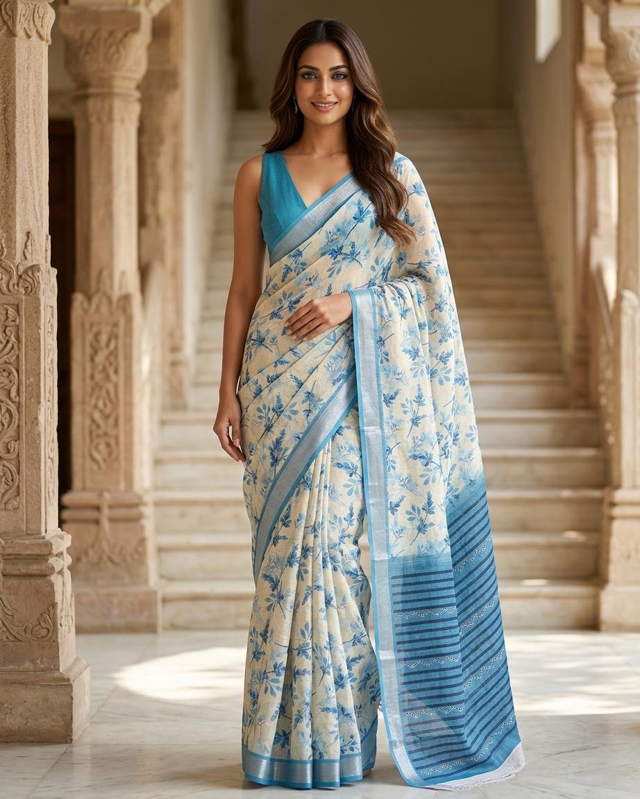 Blue Floral Printed Linen Saree with Striped Pallu & Matching Blouse
