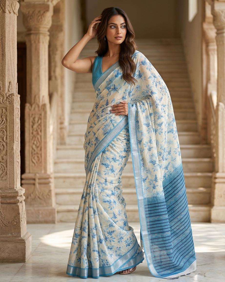 Blue Floral Printed Linen Saree with Striped Pallu & Matching Blouse