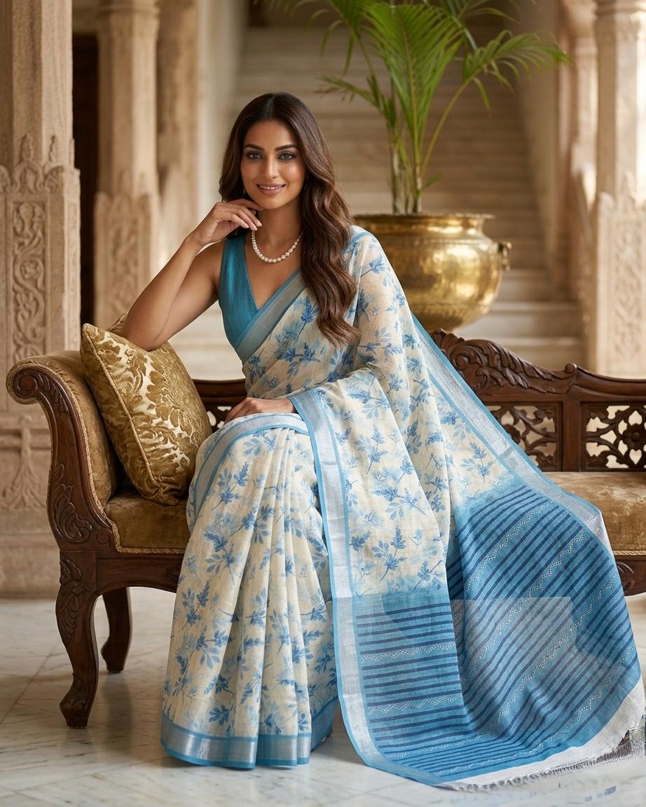 Blue Floral Printed Linen Saree with Striped Pallu & Matching Blouse