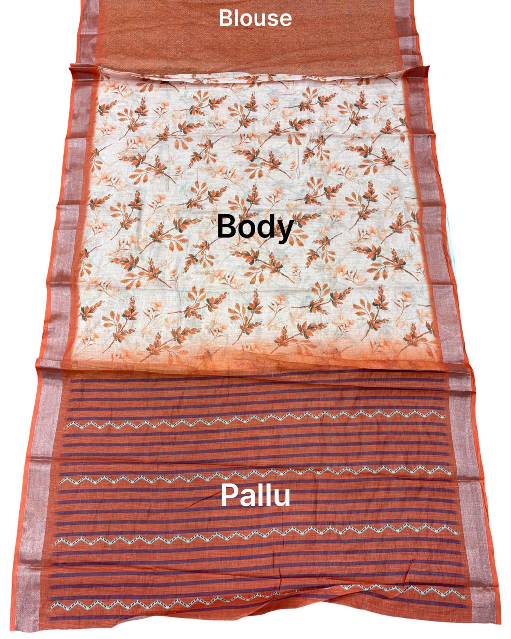 Cream Floral Printed Saree with Rust Brown Border & Striped Pallu