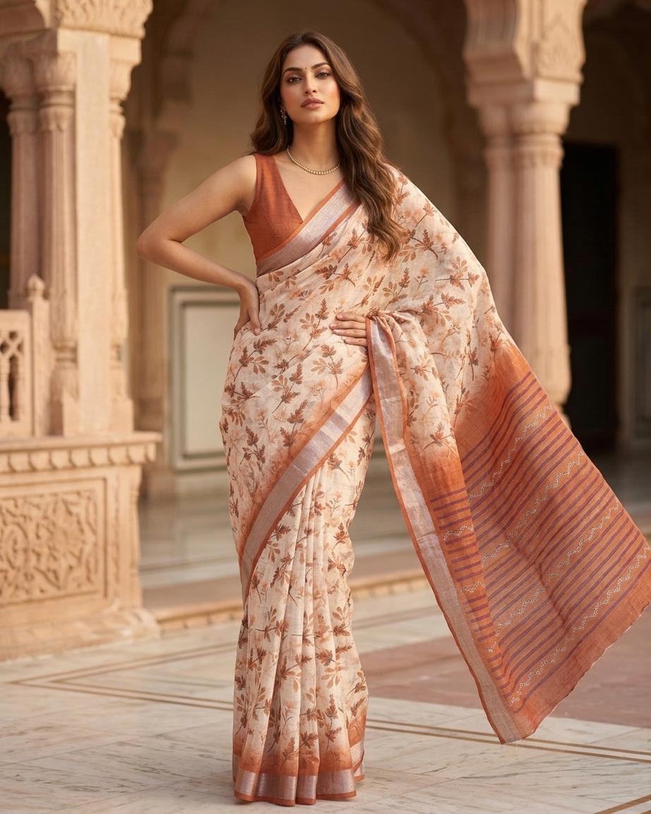 Cream Floral Printed Saree with Rust Brown Border & Striped Pallu