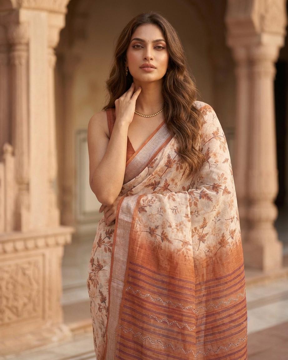 Cream Floral Printed Saree with Rust Brown Border & Striped Pallu