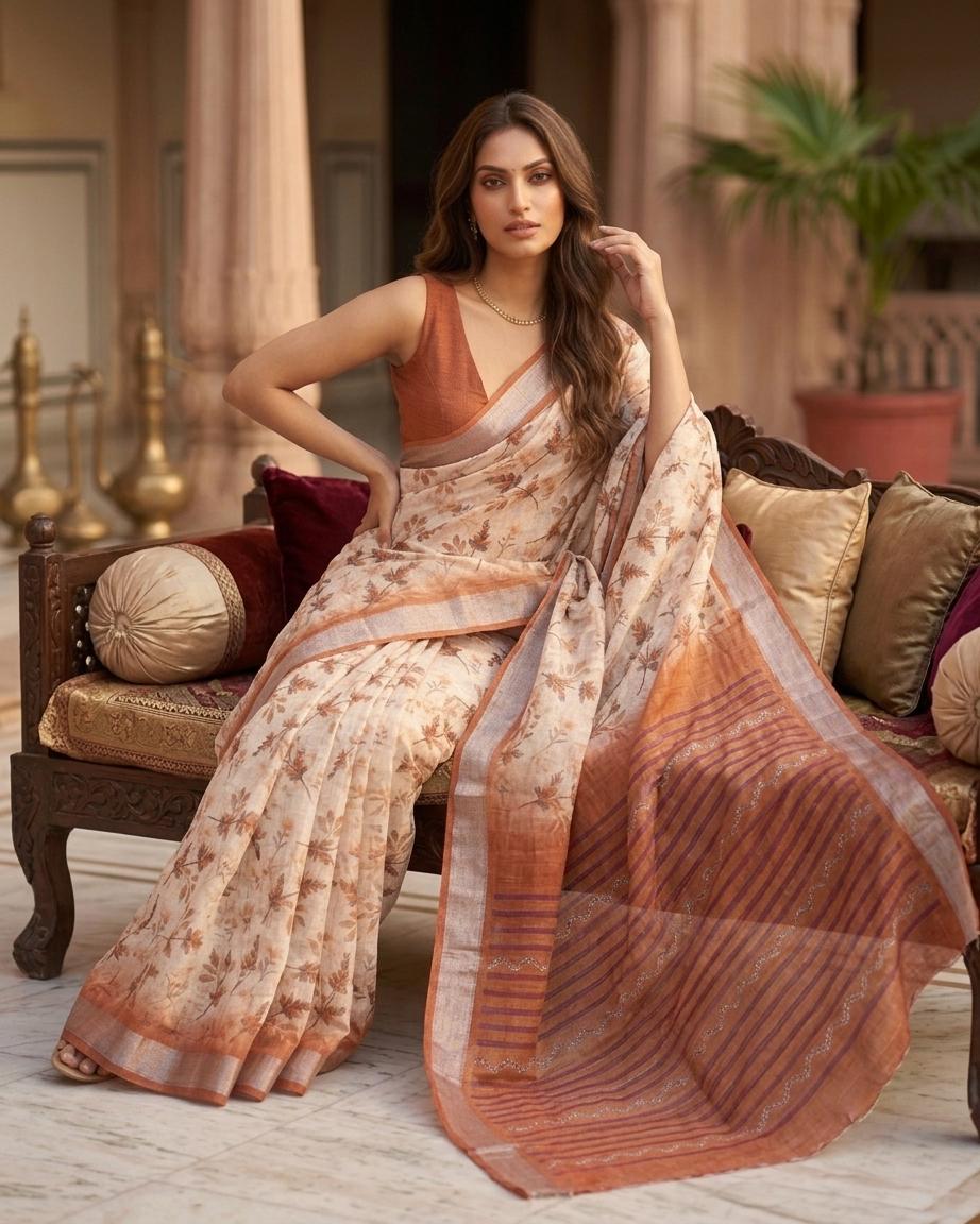 Cream Floral Printed Saree with Rust Brown Border & Striped Pallu