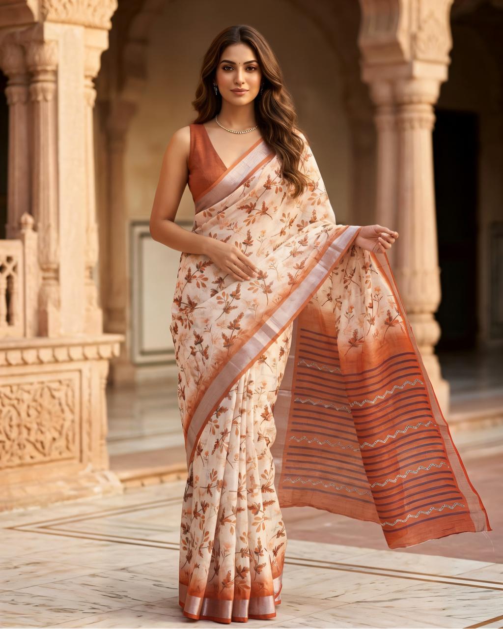 Cream Floral Printed Saree with Rust Brown Border & Striped Pallu