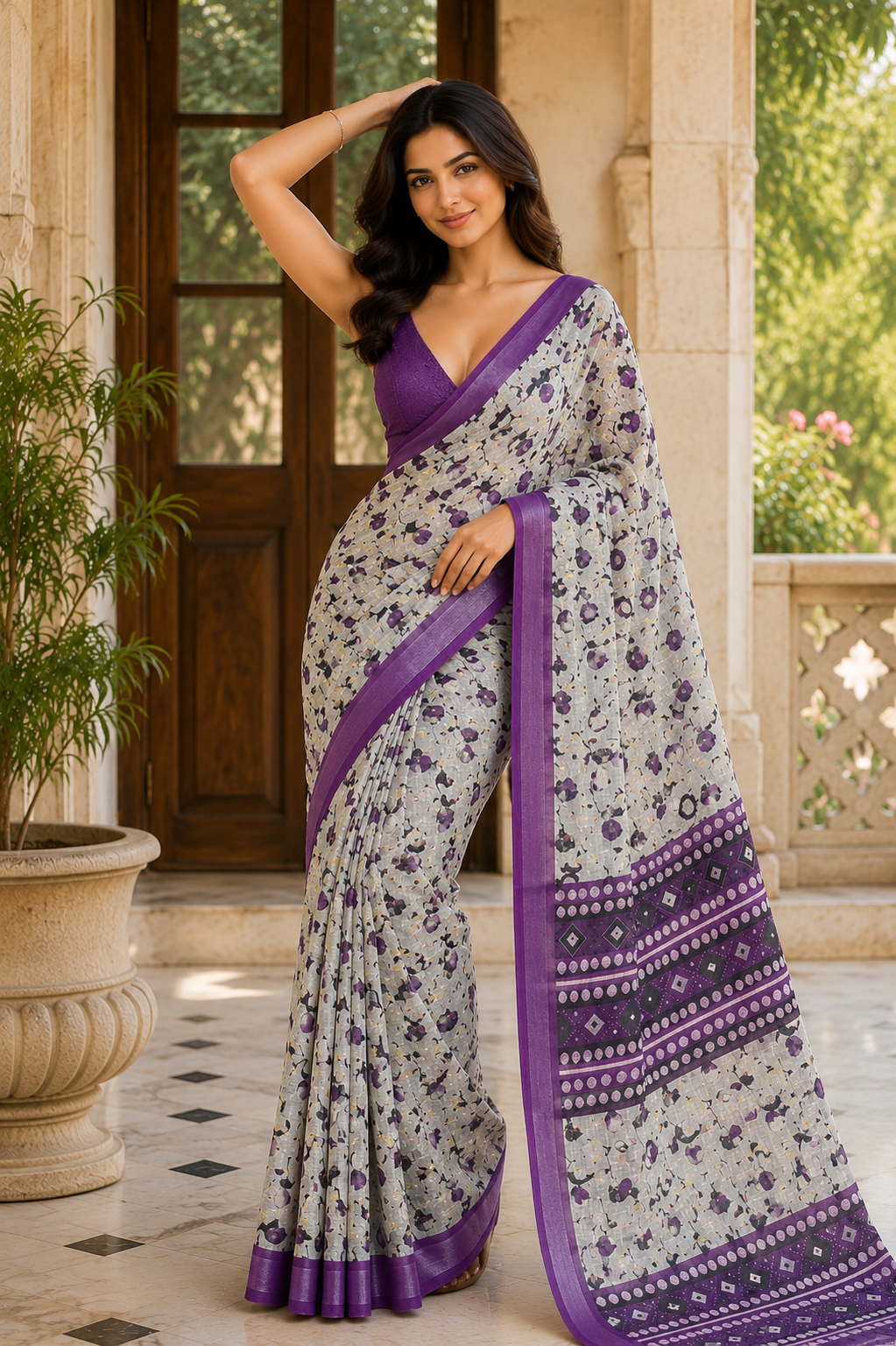 Grey Floral Printed Saree with Purple Border & Designer Pallu