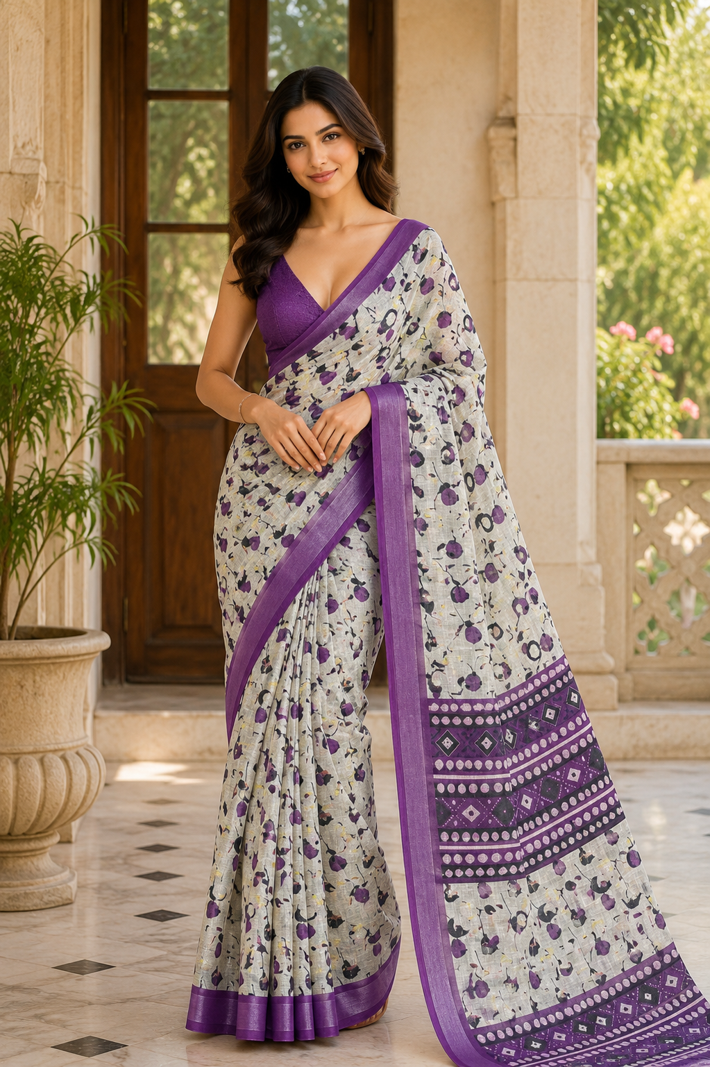 Grey Floral Printed Saree with Purple Border & Designer Pallu