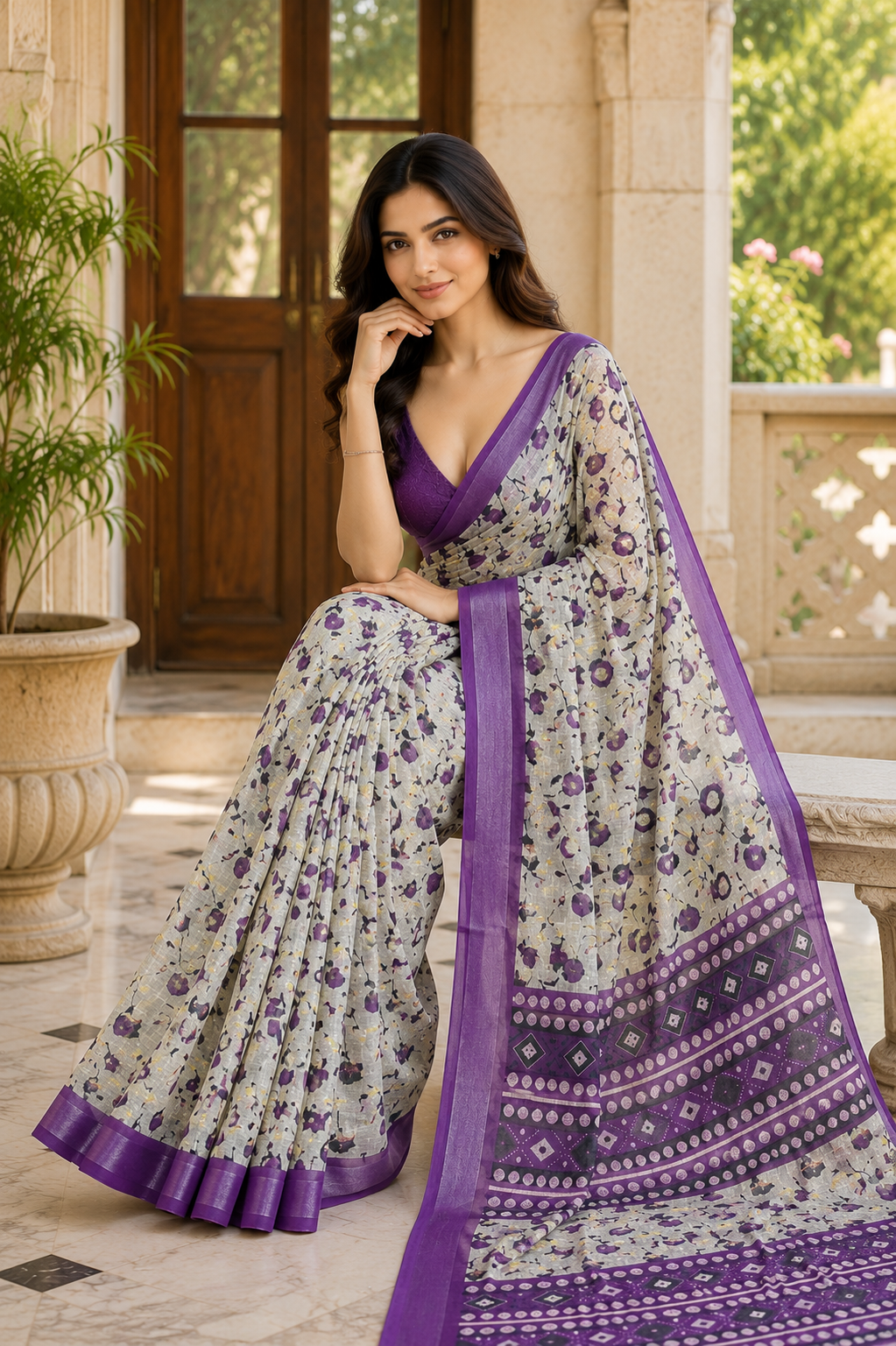 Grey Floral Printed Saree with Purple Border & Designer Pallu