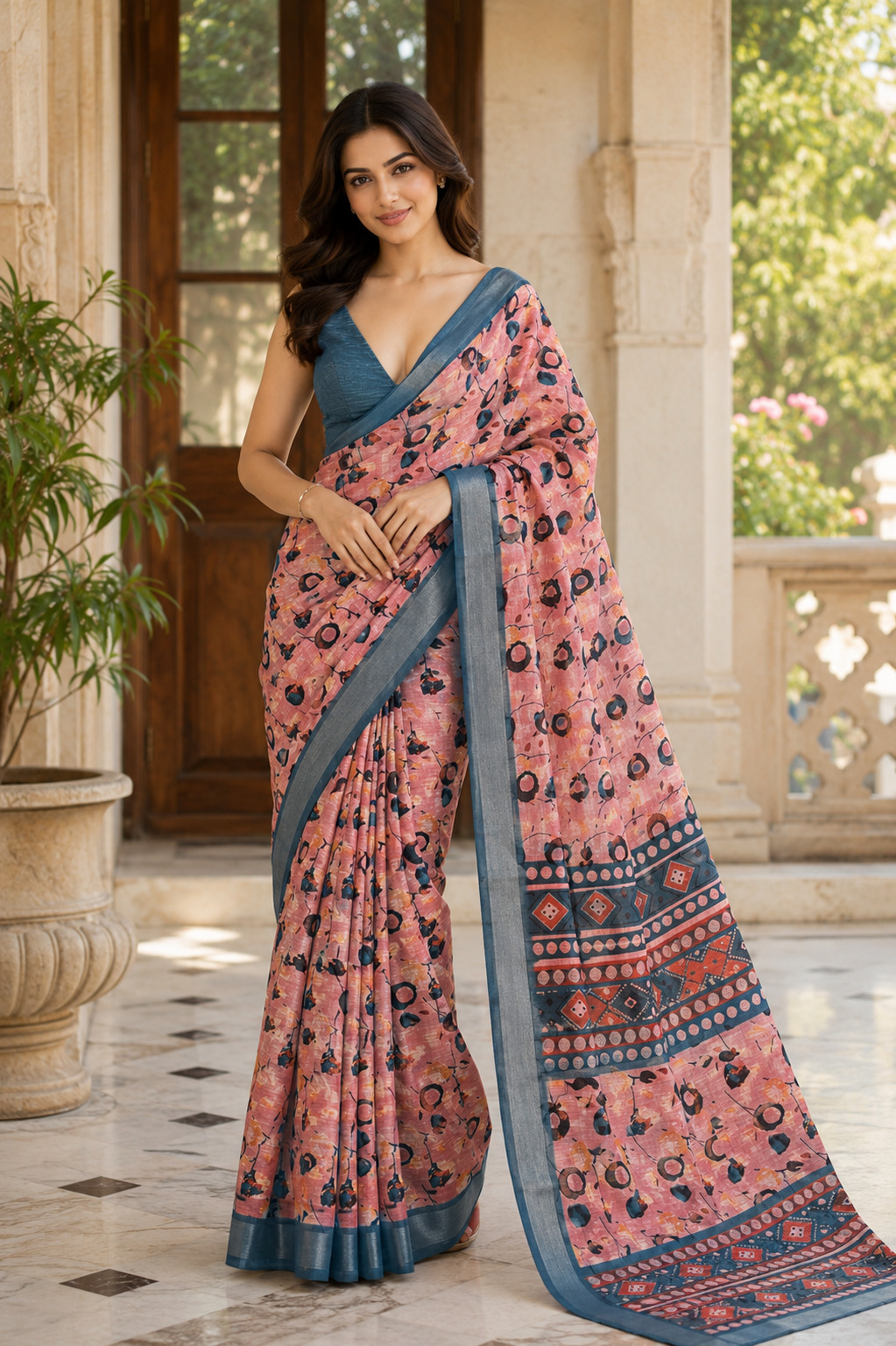 Pink Printed Saree with Blue Border & Designer Pallu