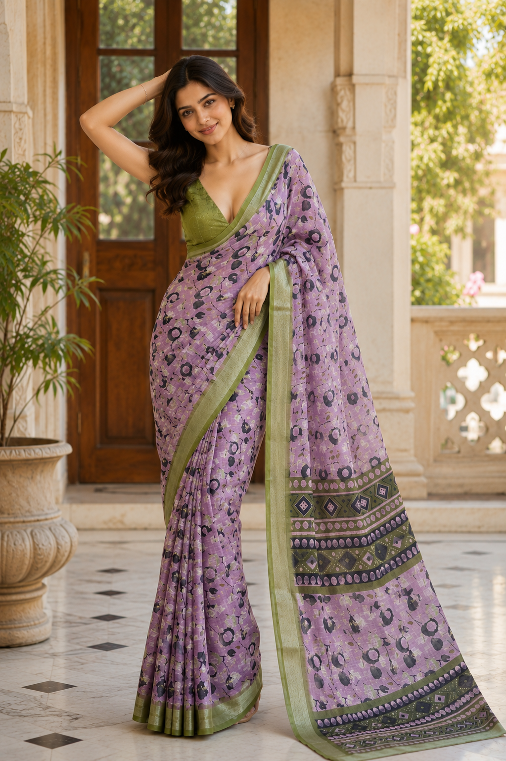 Purple Floral Printed Saree with Green Border & Designer Pallu
