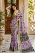 Purple Floral Printed Saree with Green Border & Designer Pallu