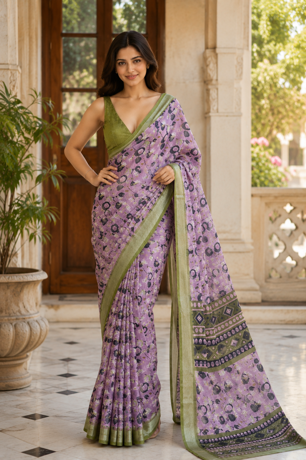 Purple Floral Printed Saree with Green Border & Designer Pallu
