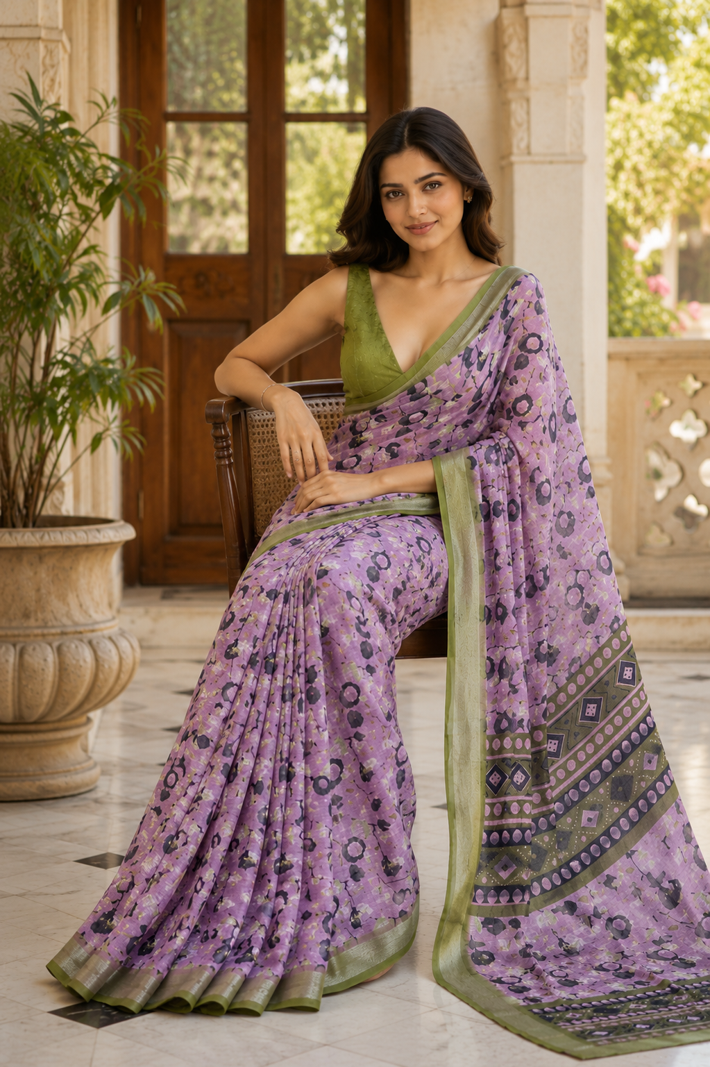 Purple Floral Printed Saree with Green Border & Designer Pallu