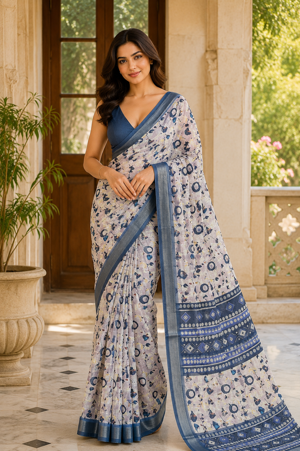 Blue Printed Saree with Floral Pattern & Designer Pallu