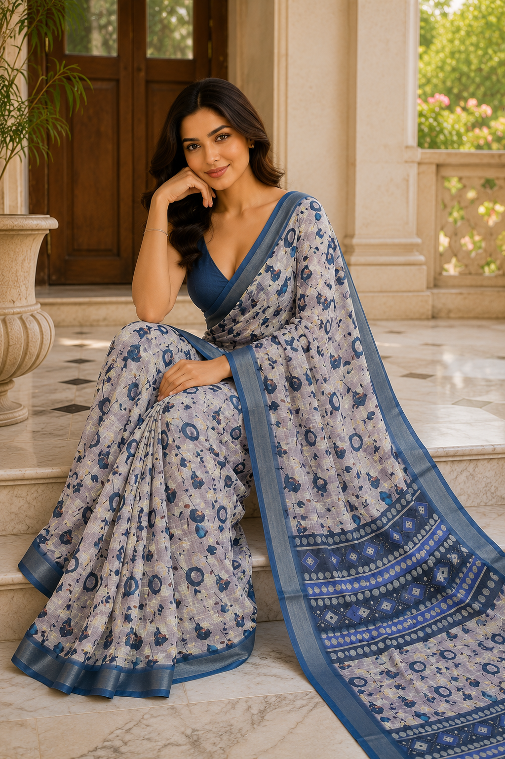 Blue Printed Saree with Floral Pattern & Designer Pallu