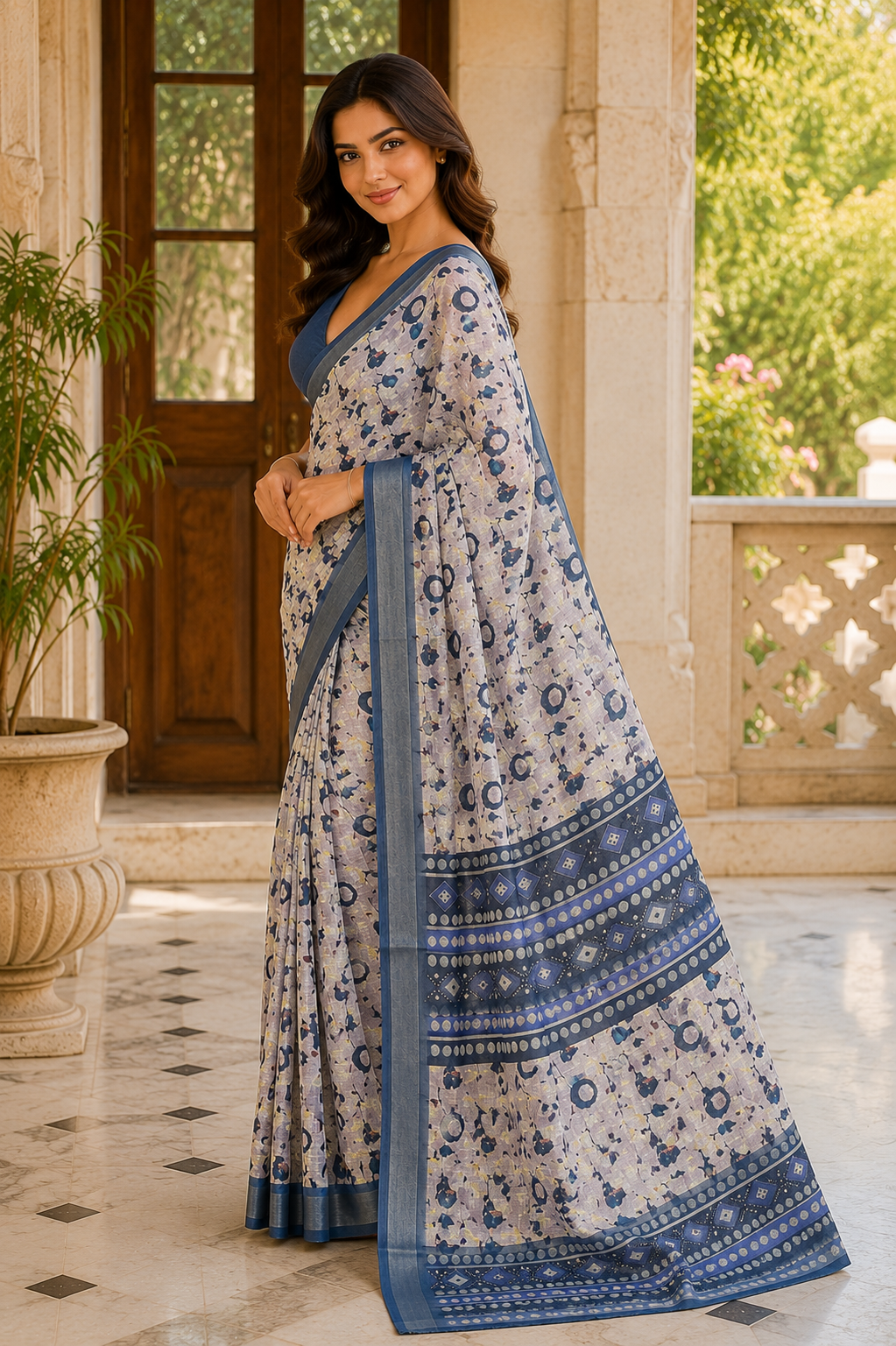 Blue Printed Saree with Floral Pattern & Designer Pallu