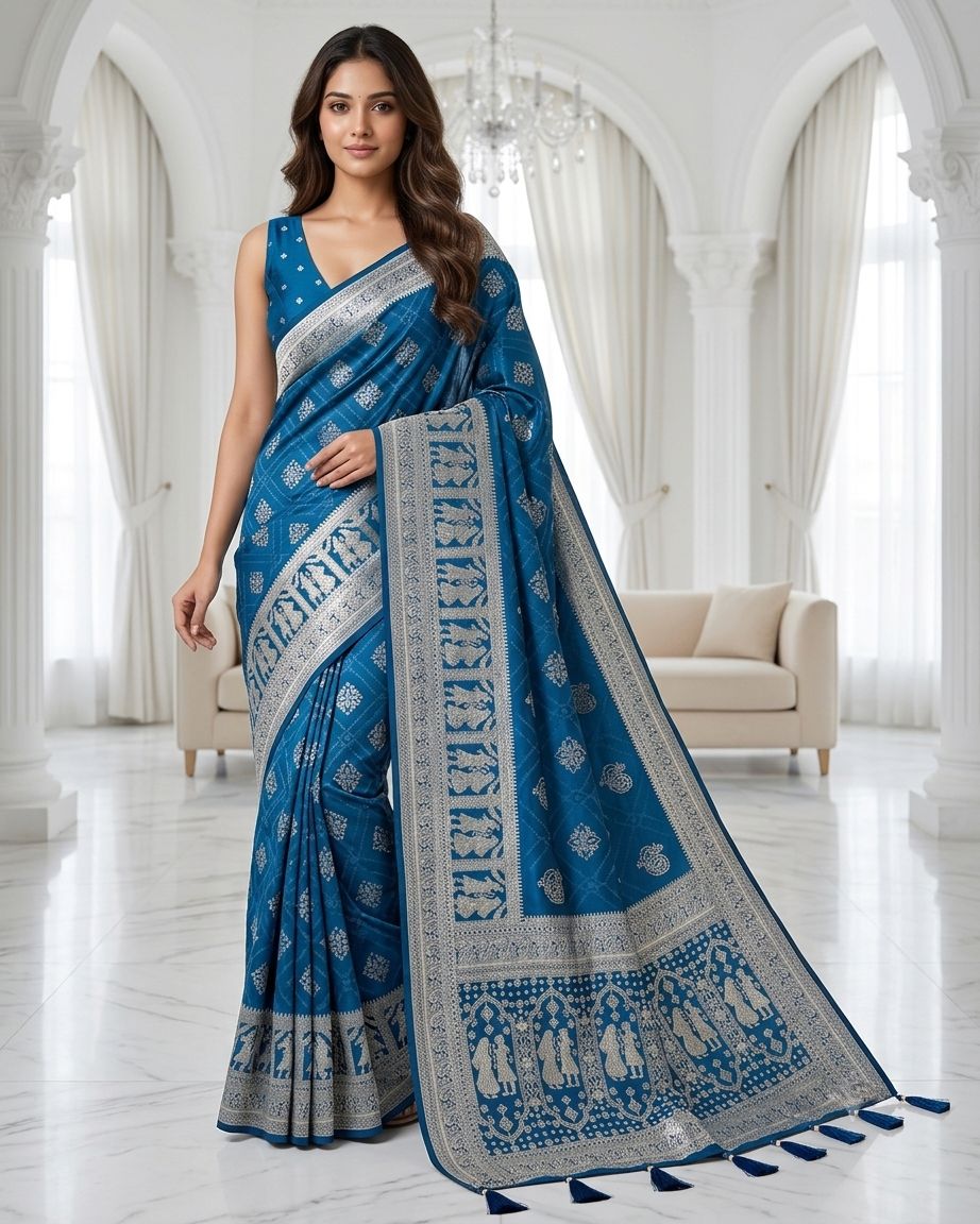Royal Sapphire Blue Silver Zari Woven Traditional Saree with Heritage Designer Pall