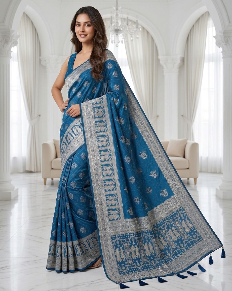 Royal Sapphire Blue Silver Zari Woven Traditional Saree with Heritage Designer Pall