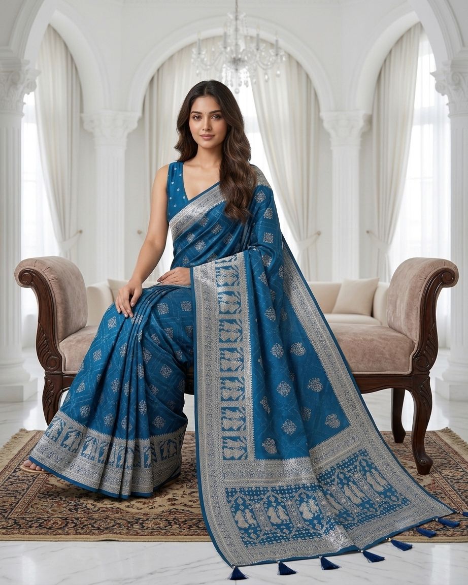 Royal Sapphire Blue Silver Zari Woven Traditional Saree with Heritage Designer Pall