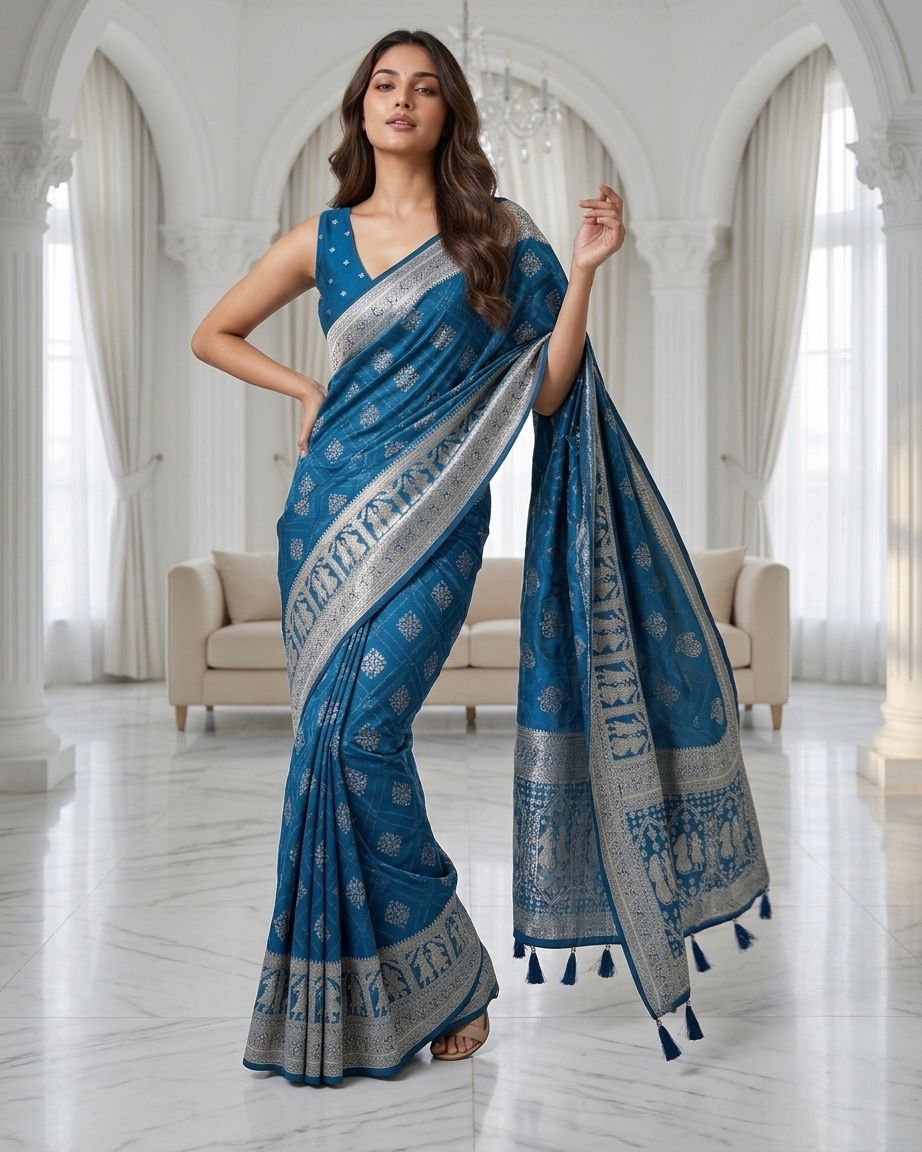 Royal Sapphire Blue Silver Zari Woven Traditional Saree with Heritage Designer Pall