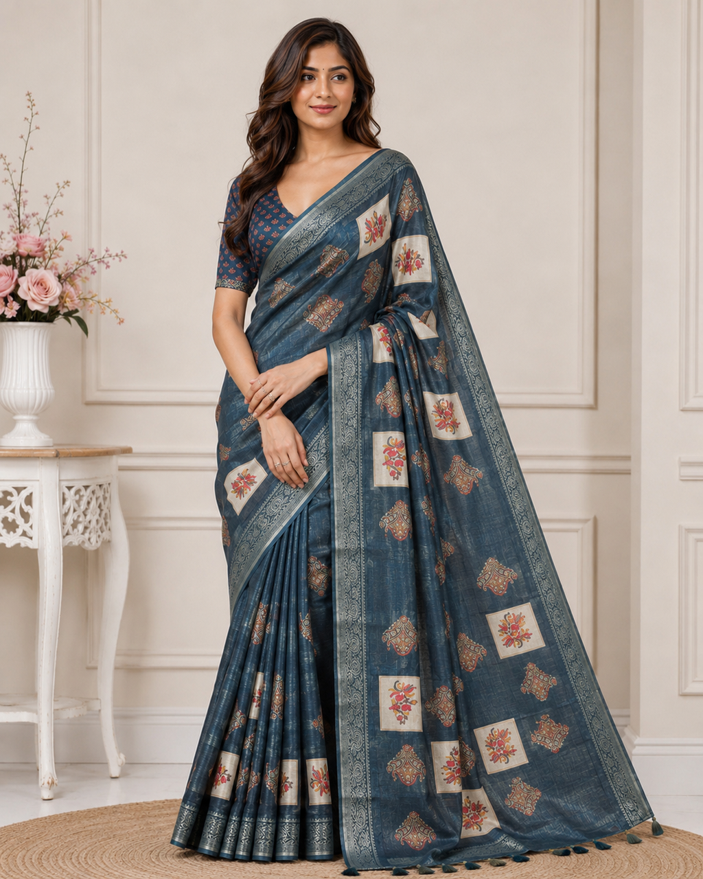 Blue Printed Kanjivaram Silk Saree for Women | Traditional Designer Saree