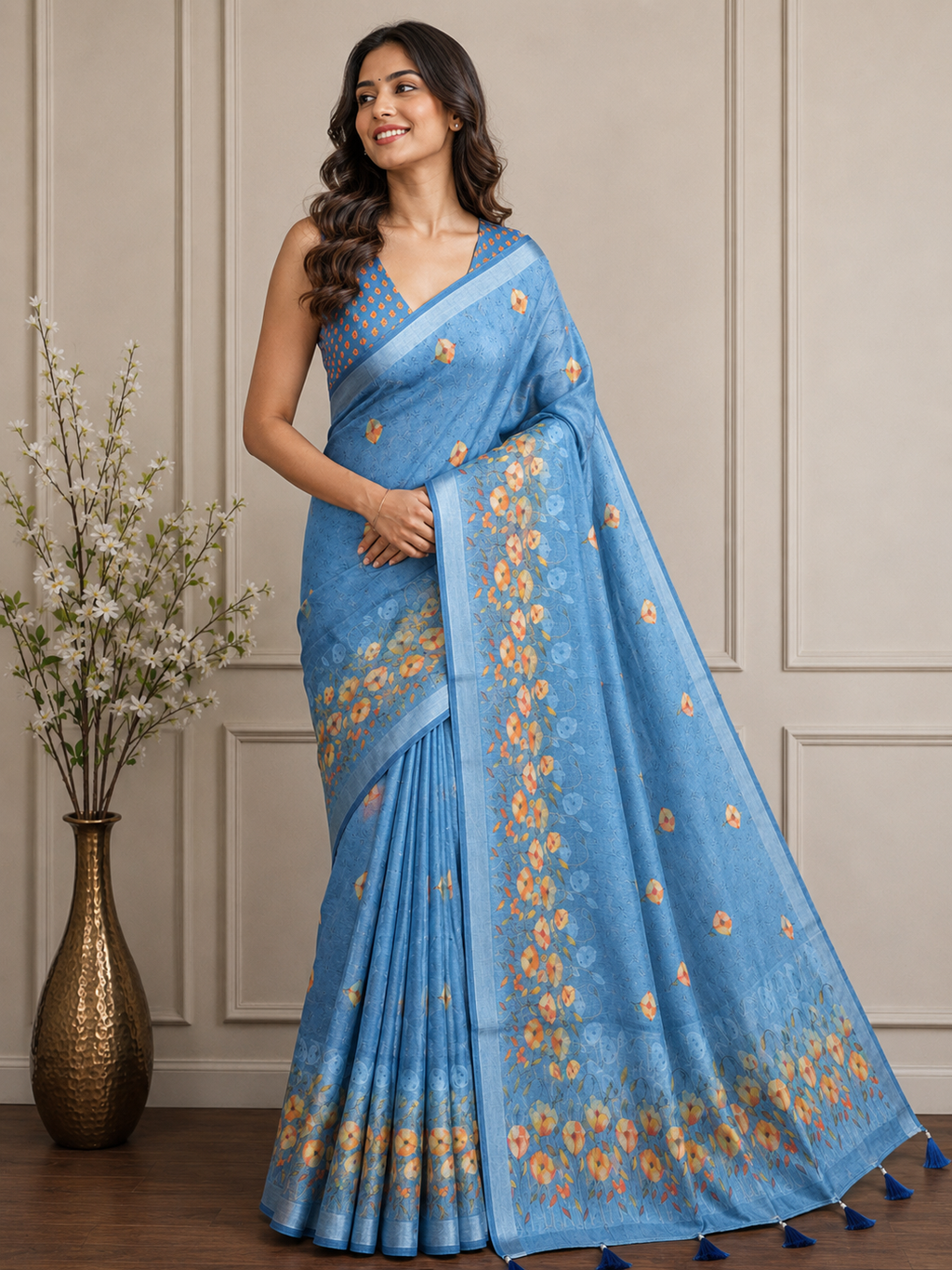 Sky Blue Floral Cotton Silk Saree with Printed Border