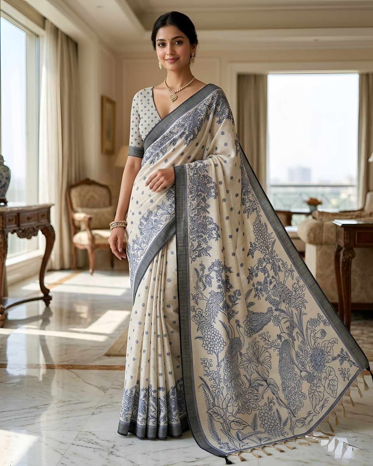 Cream Blue Floral Printed Saree with Designer Pallu & Grey Border