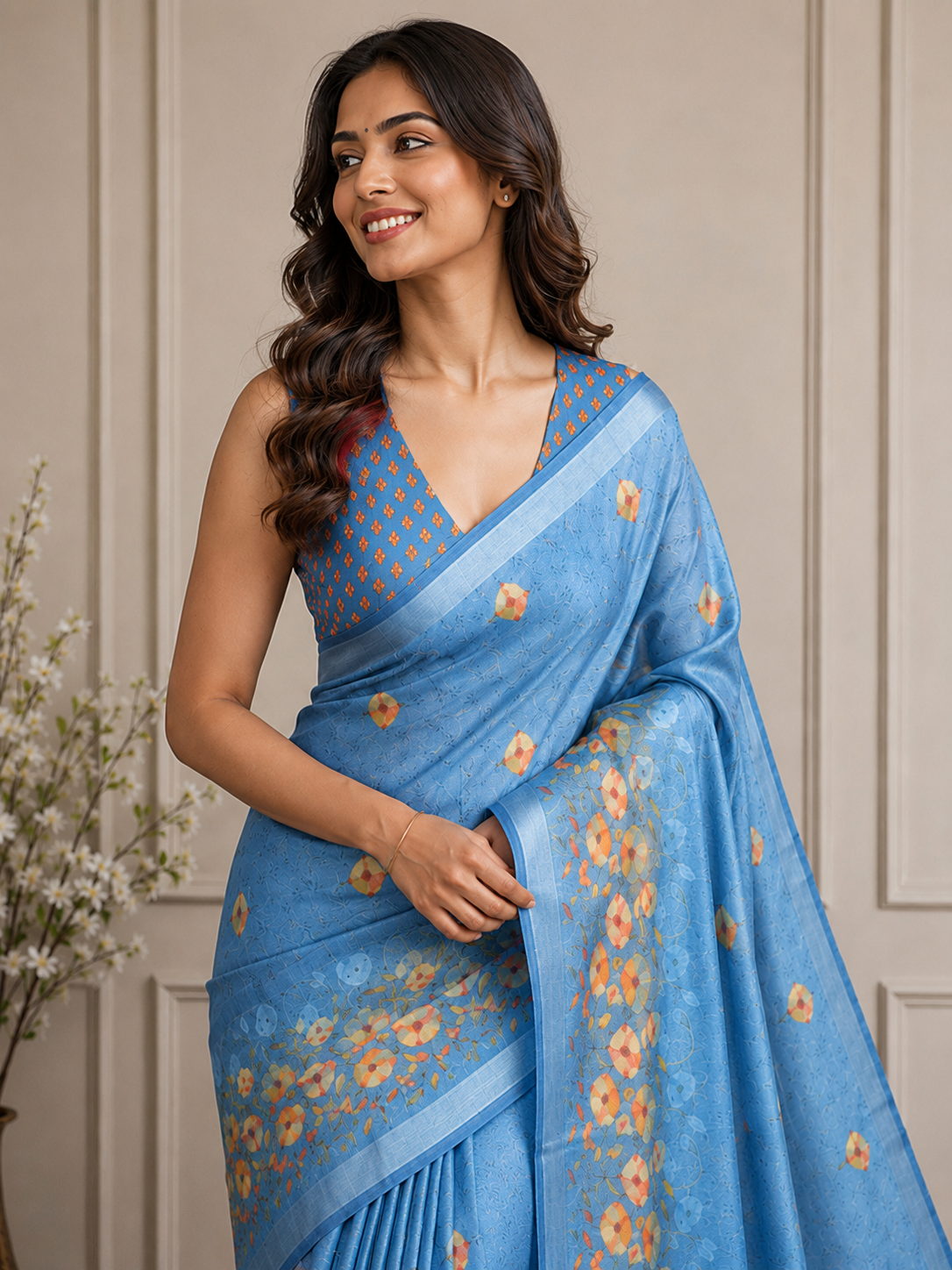 Sky Blue Floral Cotton Silk Saree with Printed Border