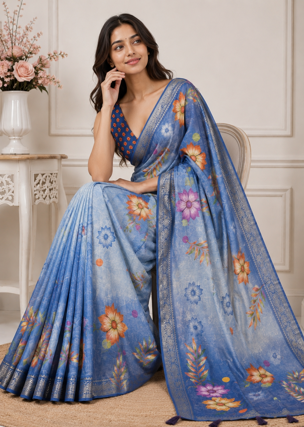 Blue Floral Printed Kanjivaram Silk Saree for Women | Elegant Festive Saree